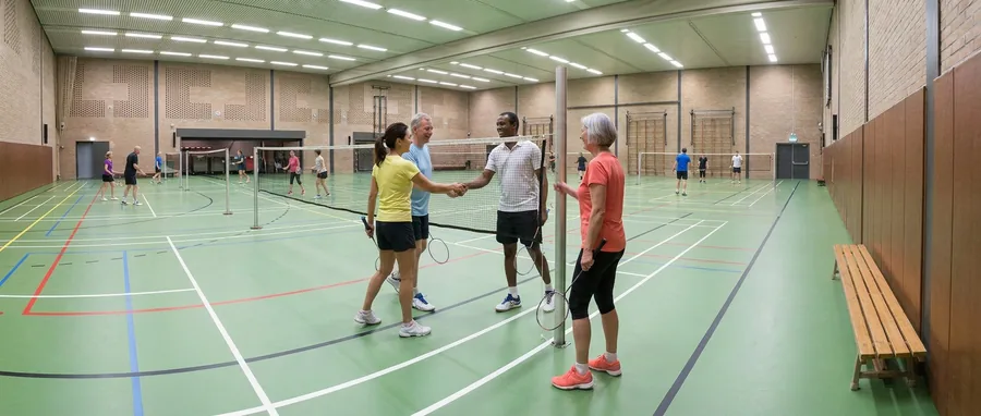Vier badmintonspelers bedanken elkaar bij het net