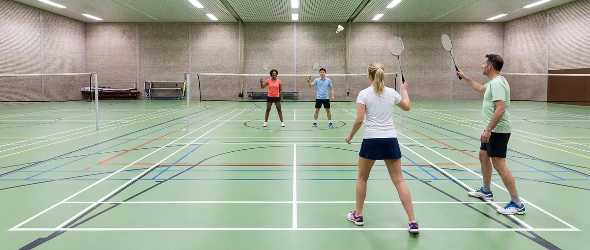 Dubbelspel badminton, twee spelers aan elke kant van het net