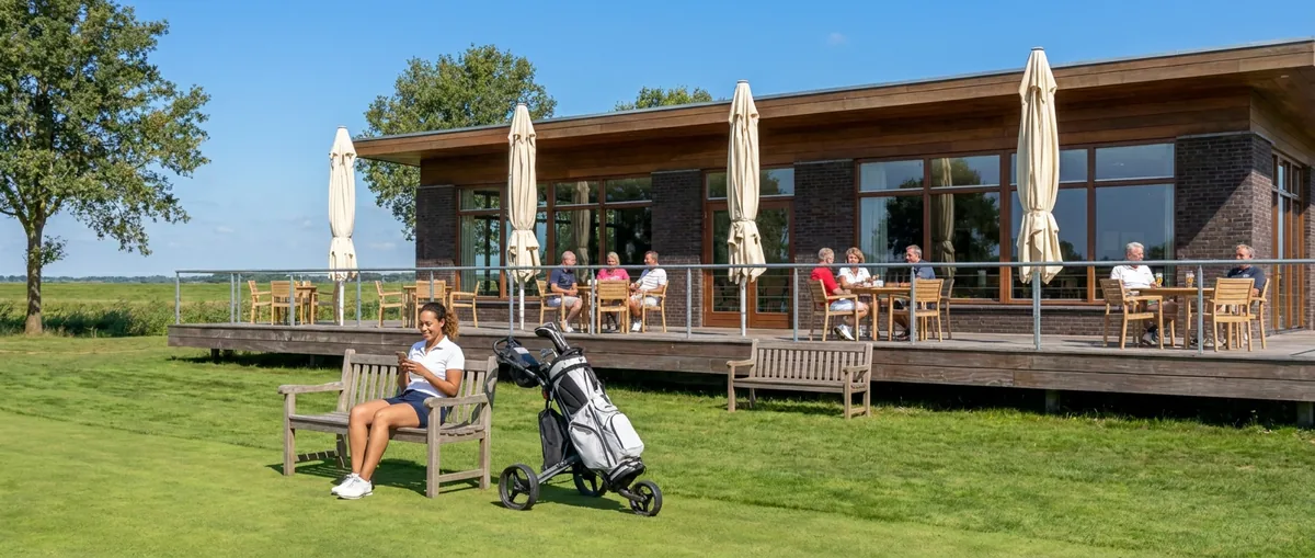Golfer op het bankje bij het clubhuis, de tas naast zich