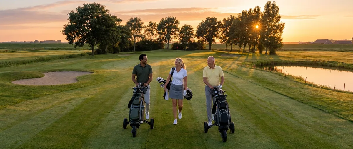 Drie golfers lopen bij zonsondergang over de baan