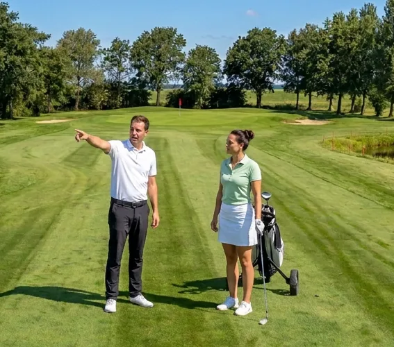 Twee golfers bespreken de lijn naar de green