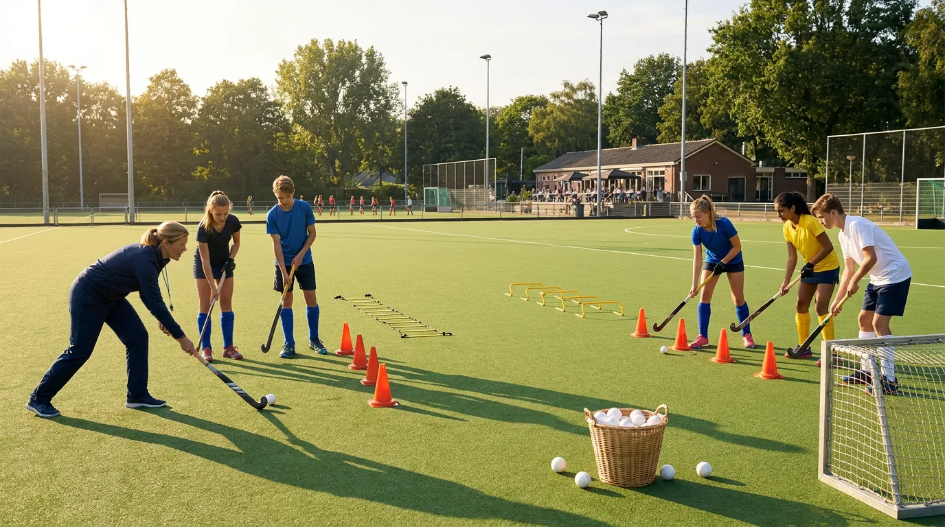 Hockeytraining met jeugd op het veld