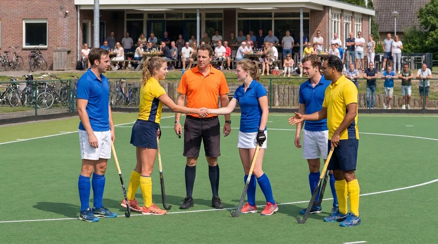 Hockeyspelers en de scheidsrechter geven elkaar een hand