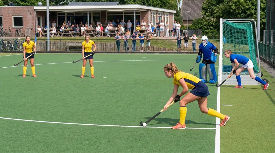 Hockeyster neemt de bal aan bij de cirkel
