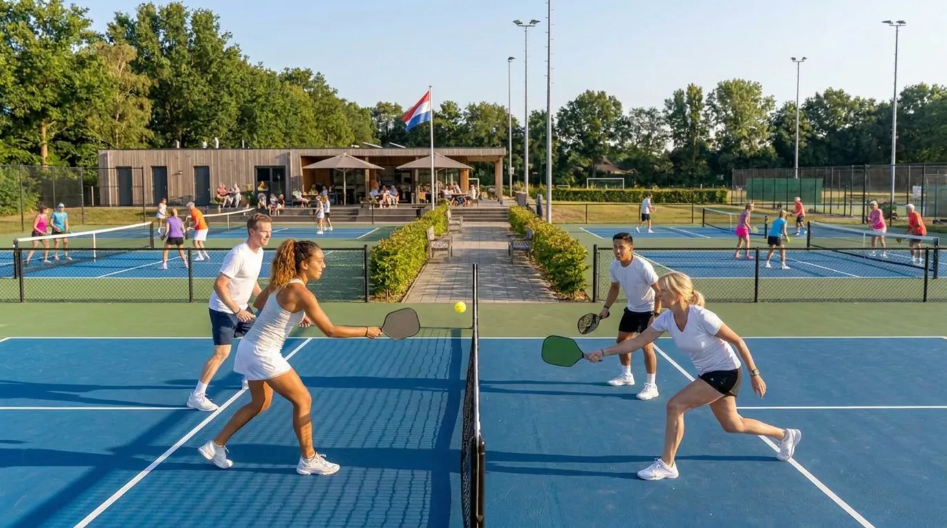 Vier pickleballspelers aan het net