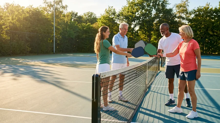 Vier pickleballspelers tikken de paddles tegen elkaar